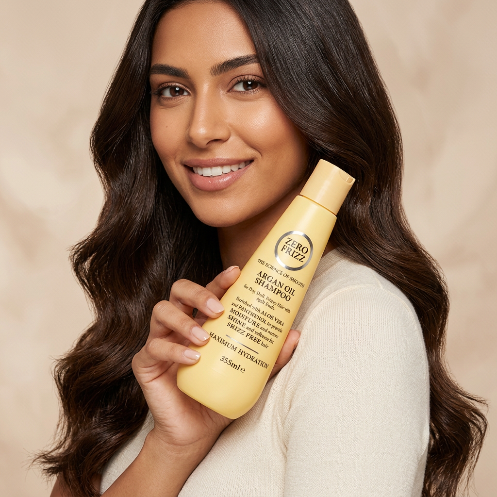 Zero Frizz Argan Oil Shampoo - Model holding bottle