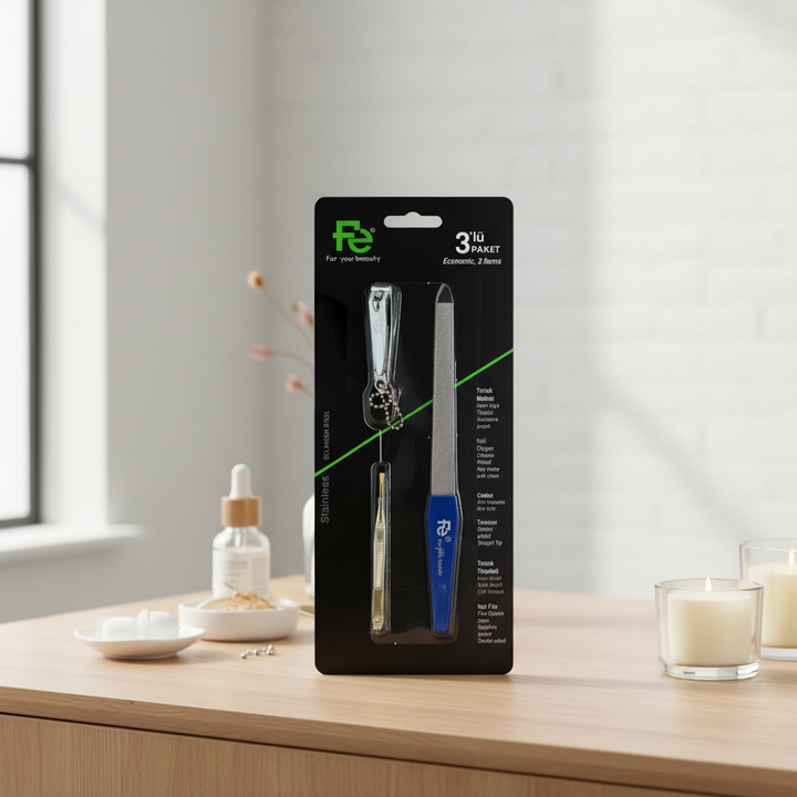 FE three-piece manicure set in an elegant indoor setting