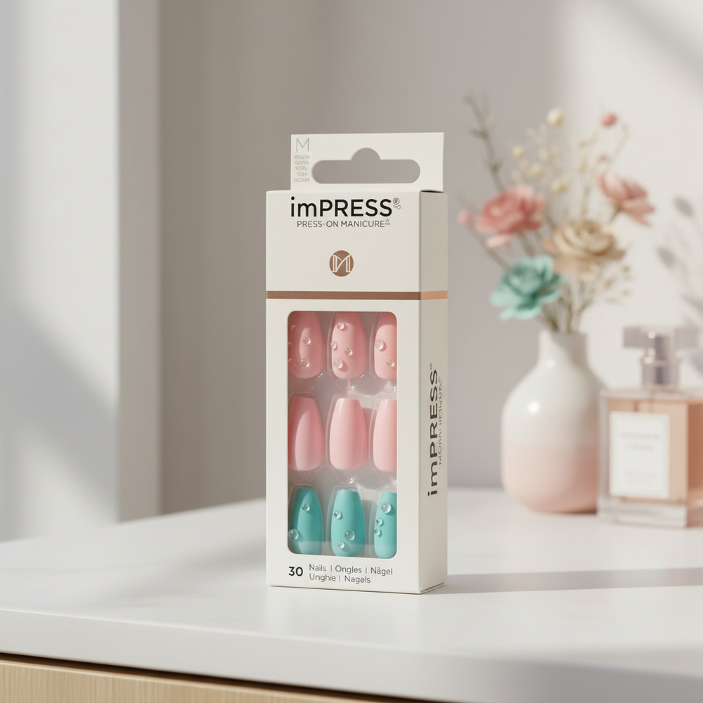 imPRESS pink and turquoise rhinestone press-on nails in an indoor setting