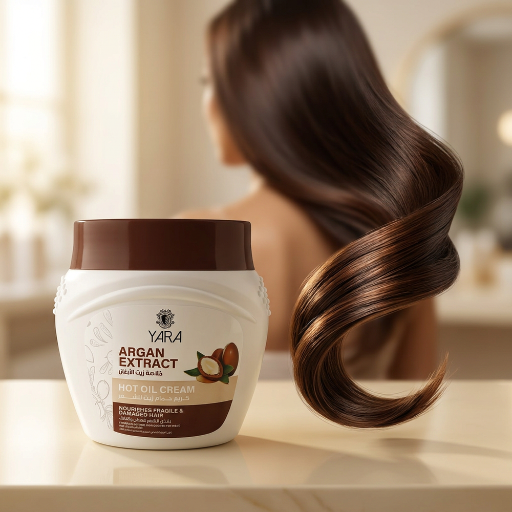 Yara Argan Extract Hot Oil Cream jar with flowing dark hair
