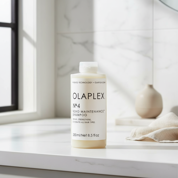 OLAPLEX No.4 Bond Maintenance Shampoo in a luxury bathroom