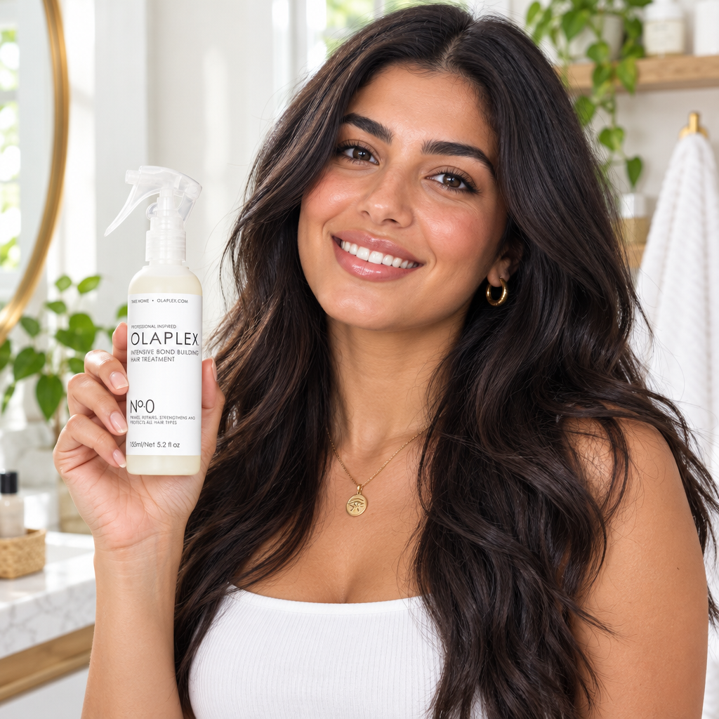 Woman holding OLAPLEX No. 0 bottle