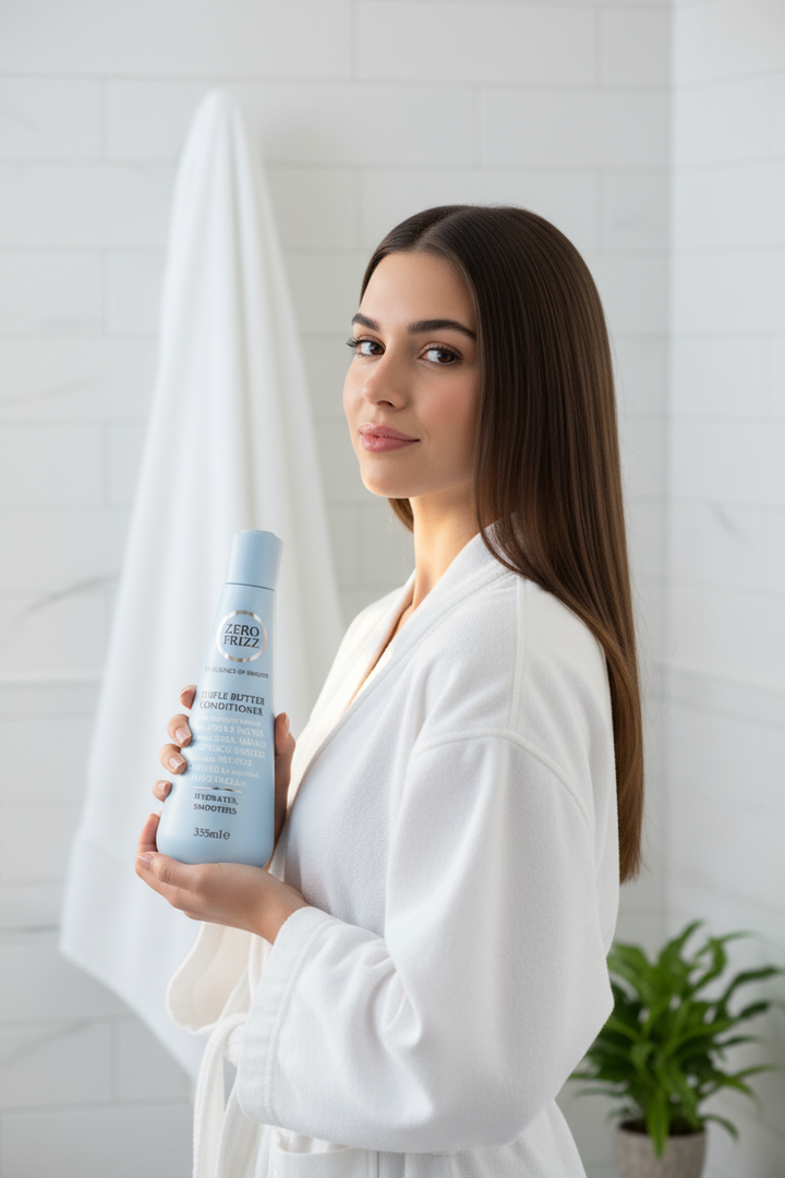 Zero Frizz Triple Butter Conditioner with model