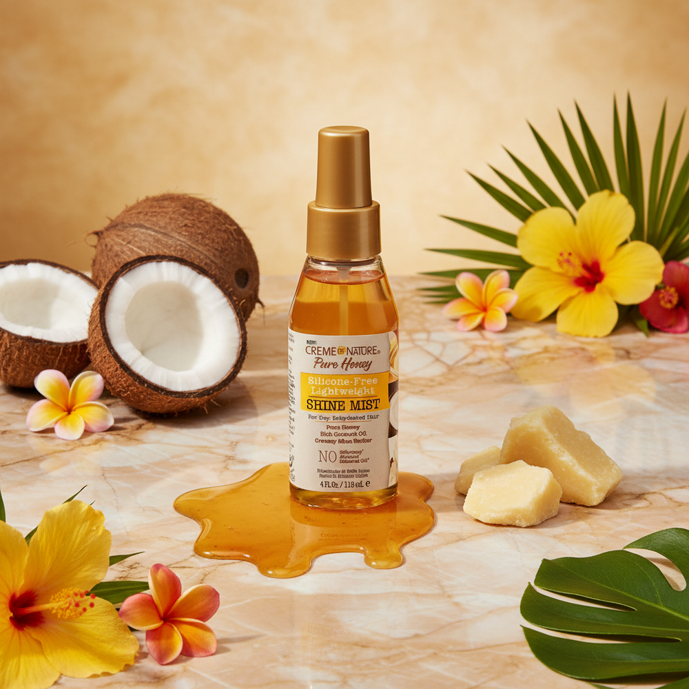 Creme of Nature Pure Honey Shine Mist product with honey and coconut