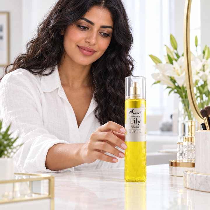 Egyptian-style model reaching for Smart Collection Lily Body Mist