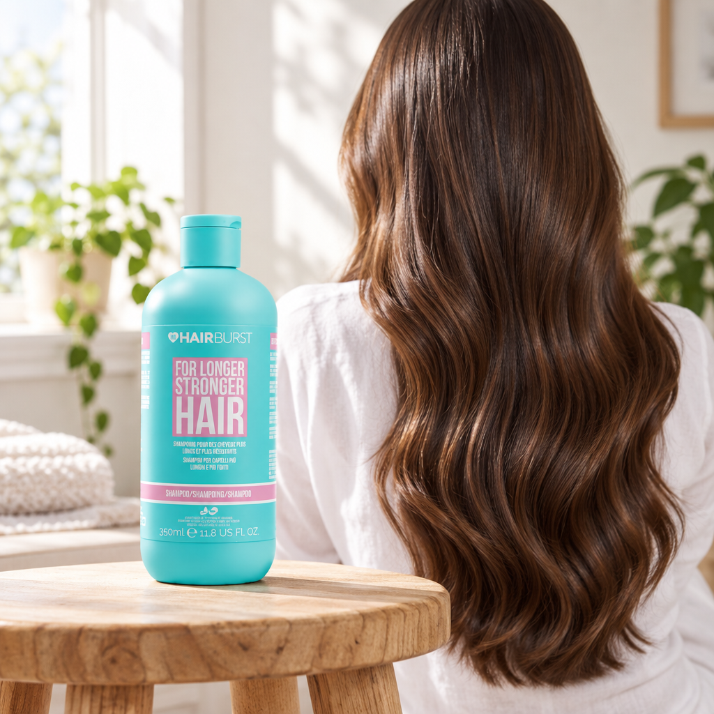 Hairburst shampoo beside model with long hair, back view