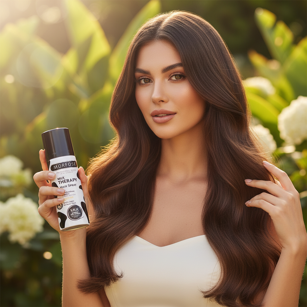 Model holding Morfose Milk Therapy Hair Spray