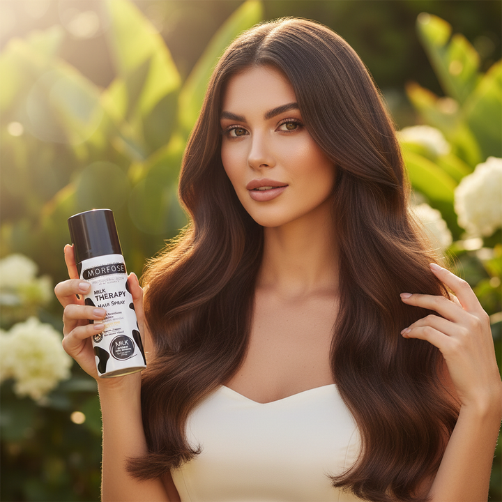 Model holding Morfose Milk Therapy Hair Spray