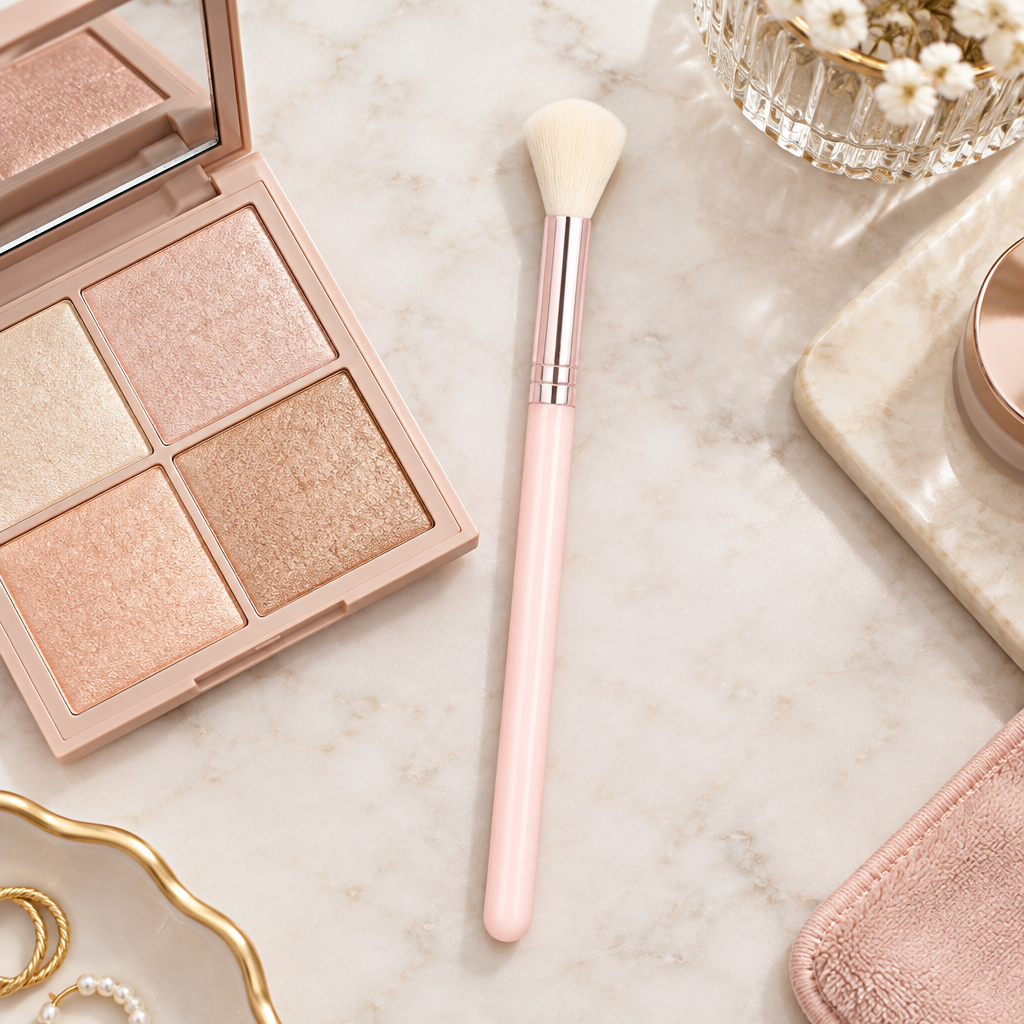 Tapered highlighter brush beside makeup palette