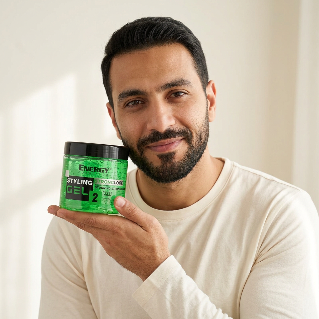 Close-up male model holding Energy Strong Look 2 Styling Gel 500ml