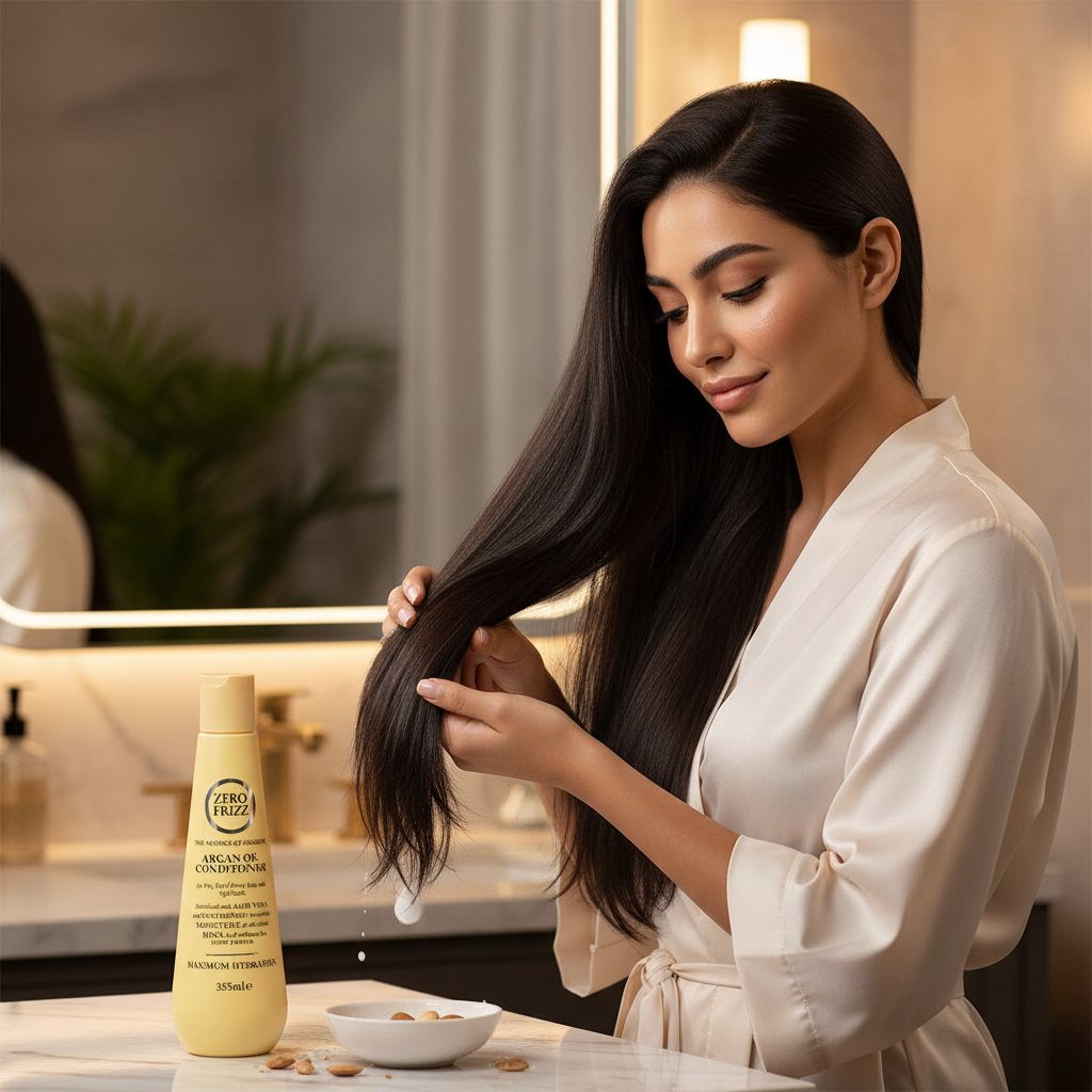 Zero Frizz Argan Oil Conditioner – Model applying to hair