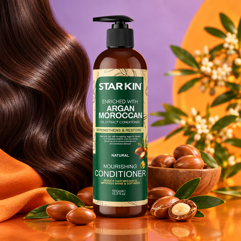 Starkin Argan Moroccan Oil Extract Conditioner 500ml beside glossy hair