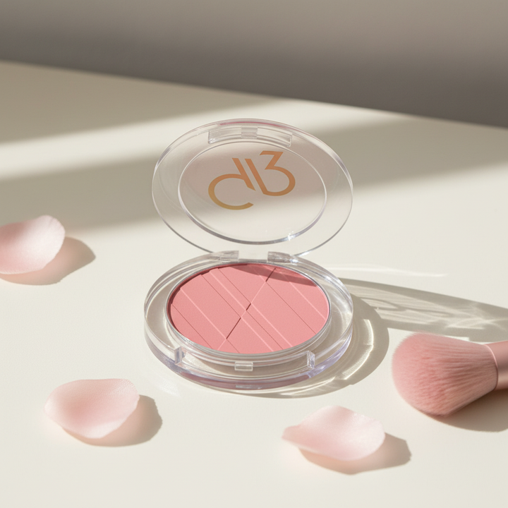 Pink compact blush in an elegant indoor setting