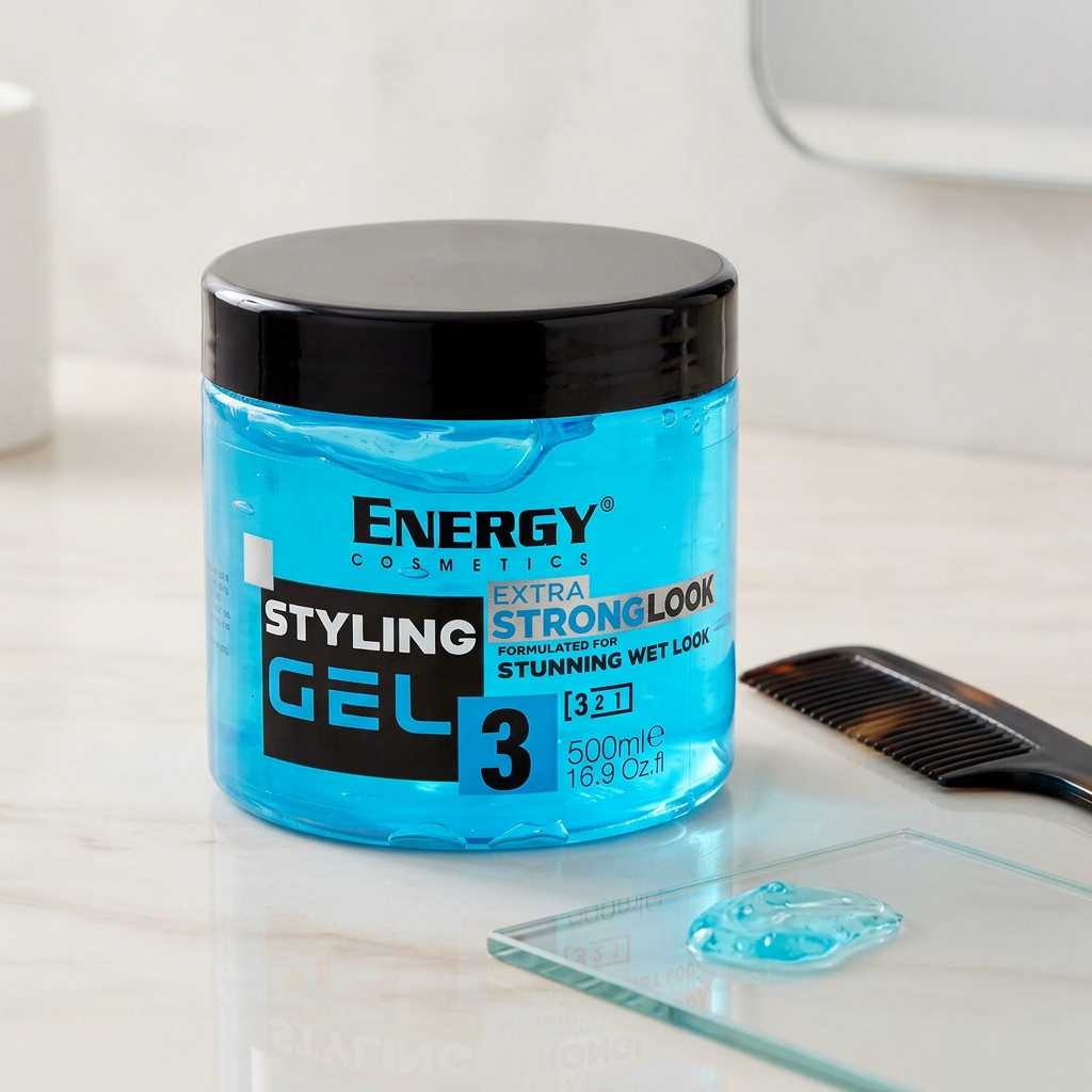 Energy Extra Strong Styling Gel 3 with comb and blue gel texture