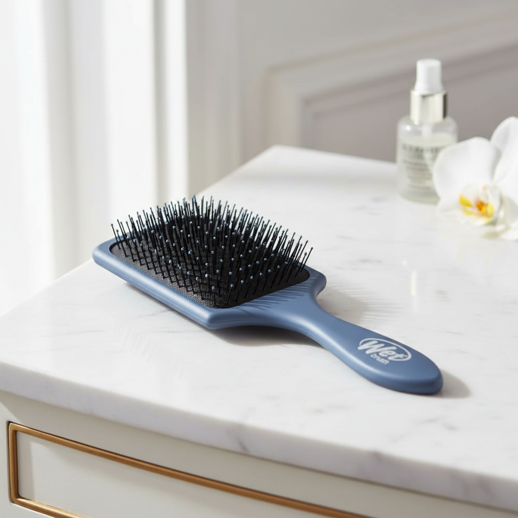 Blue-gray rectangular paddle hair brush in an elegant indoor setting