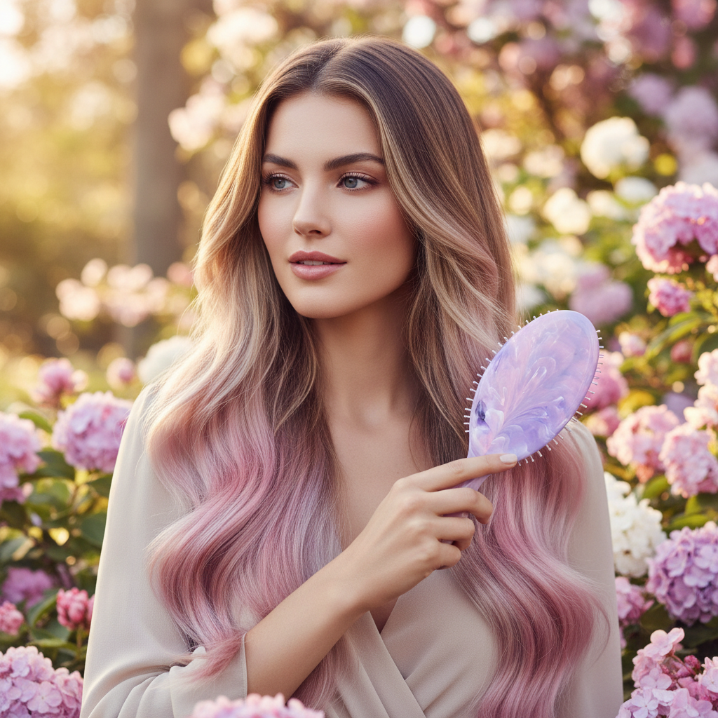 Model holding luxury marble pink and purple hair brush