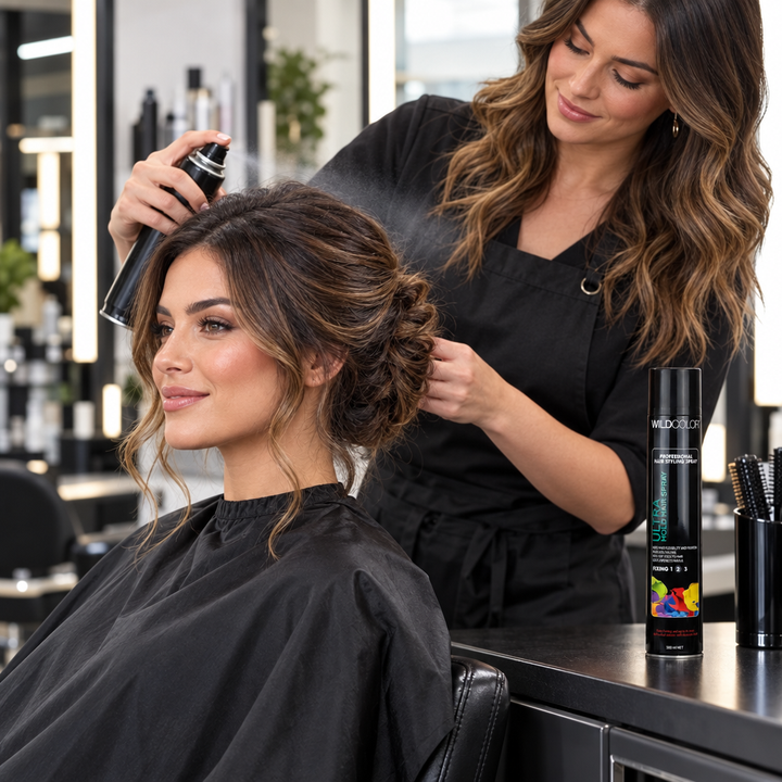 Stylist applying hair spray to a client in a beauty salon