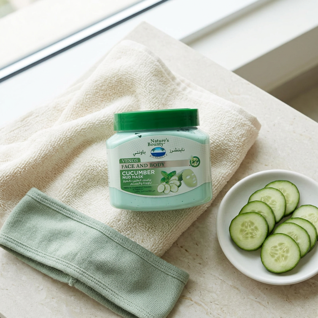 Venos Cucumber Mud Mask with towel, headband and cucumber slices