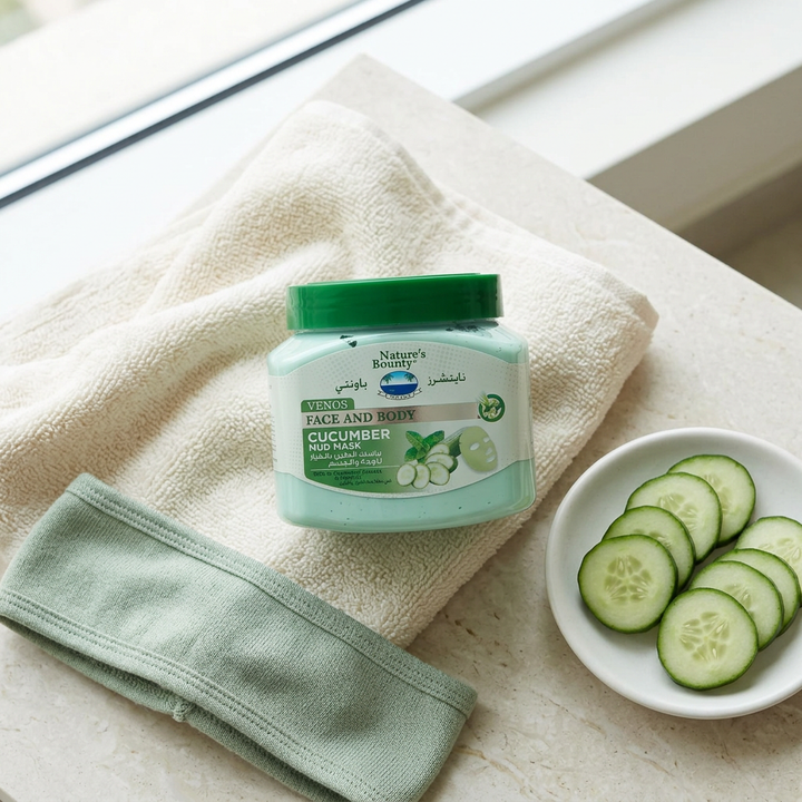 Venos Cucumber Mud Mask with towel, headband and cucumber slices