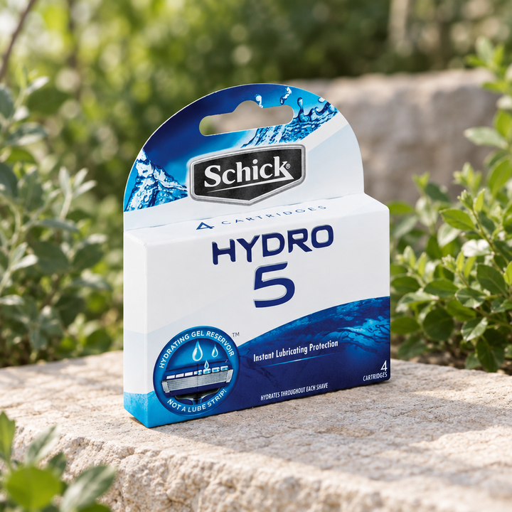 Schick Hydro 5 four replacement cartridges outdoors