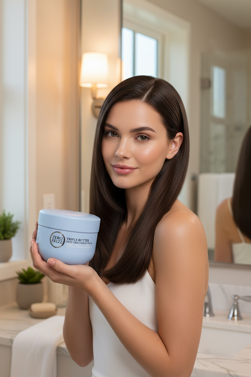 Zero Frizz Hair Mask with model