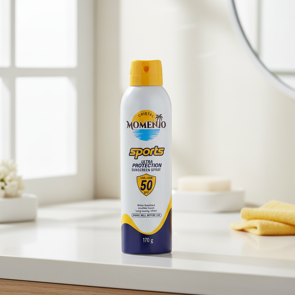 Momento Sports Sunscreen Spray SPF 50 in a bright indoor setting