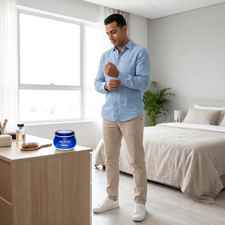 Full-length male model with Modish blue hair gel on vanity