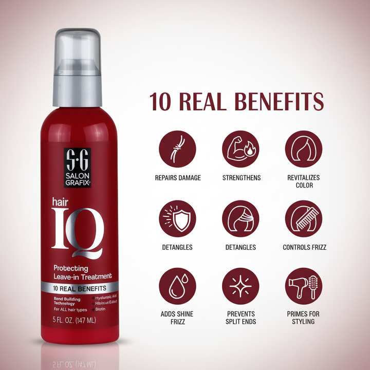 Benefits — ١٠ فوايد حقيقية: يرمم • يقوي • يحمي من الحرارة • يرطب • يفك التشابك • يضبط التجعد • يلمّع