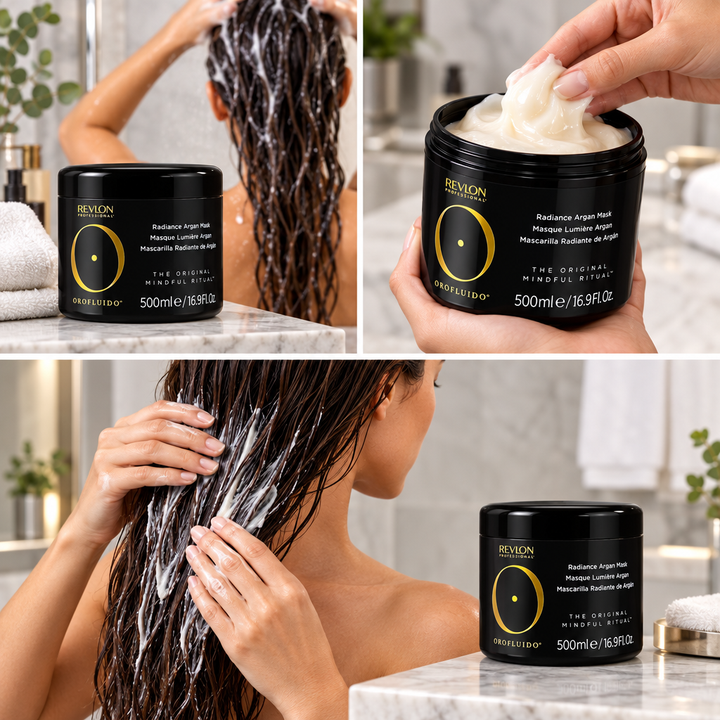 Visual steps for applying Orofluido hair mask after shampooing and rinsing