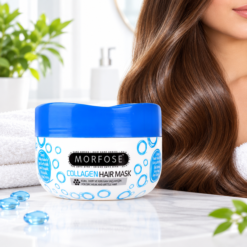 Morfose Collagen Hair Mask jar beside smooth hair in a bright setting