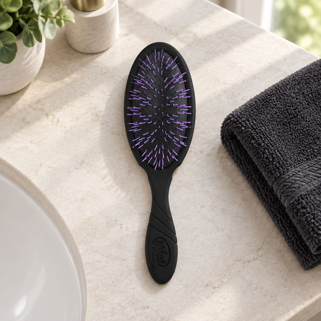 WetBrush Pro Thick Hair Black brush on a bathroom vanity