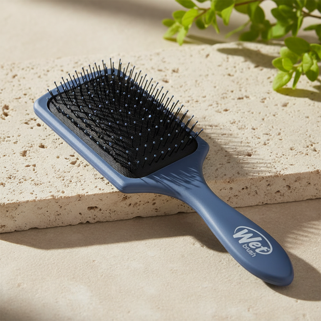 Blue-gray rectangular paddle hair brush in soft outdoor light