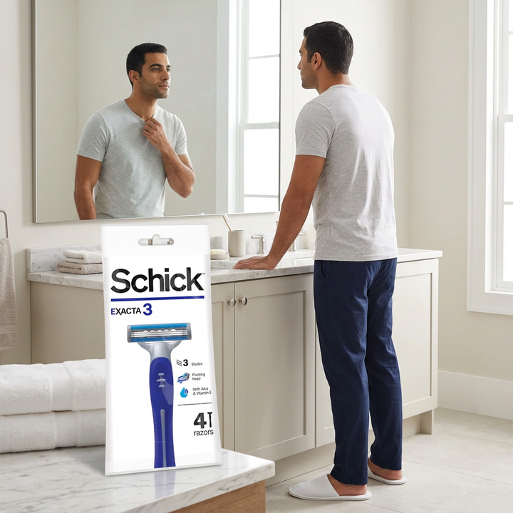 Male model at a bathroom mirror with Schick Exacta3 pack in foreground