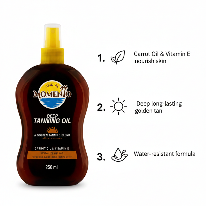 Benefits - Carrot oil and Vitamin E for deep nourished tan | زيت الجزر وفيتامين E لتان عميق ومغذي