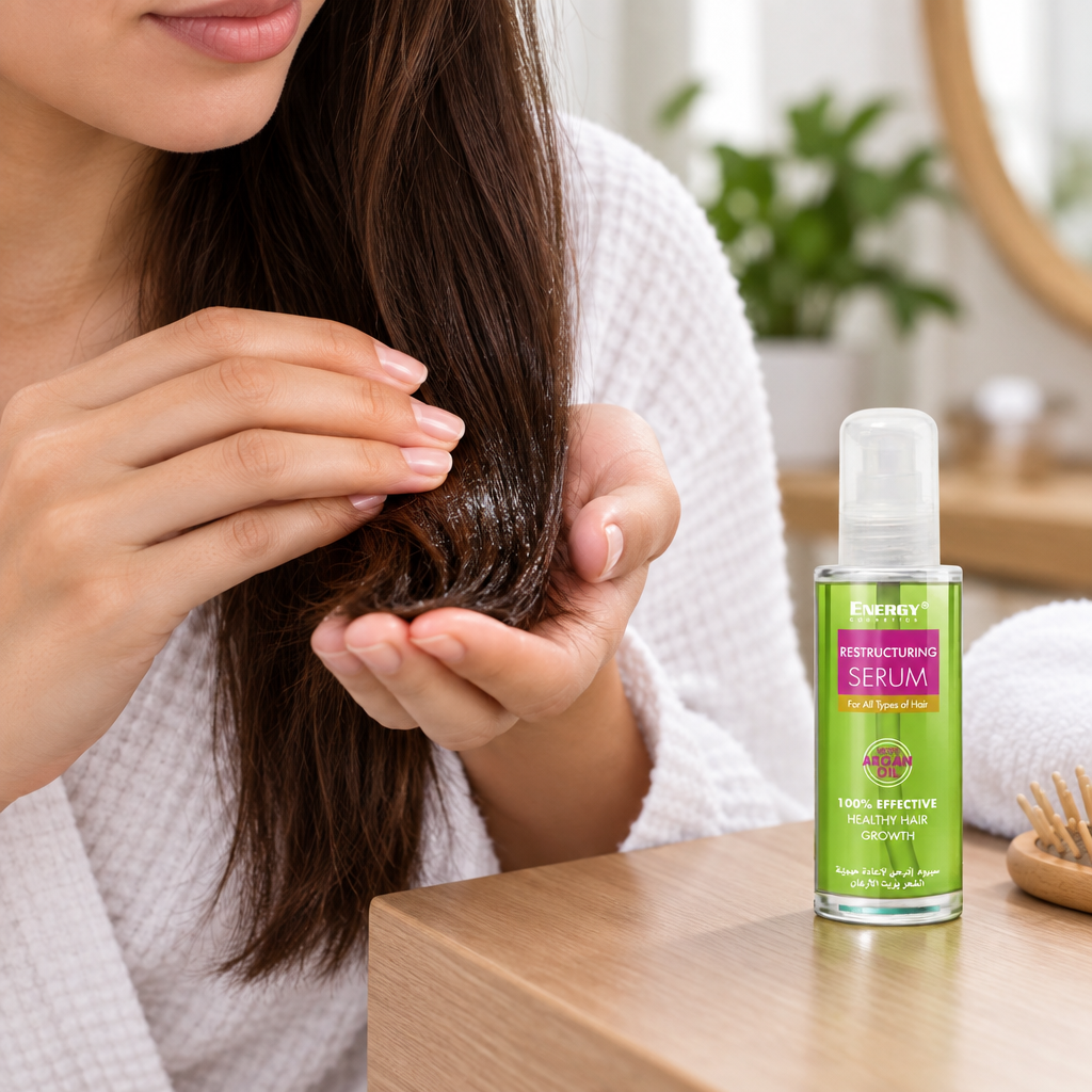 Applying Energy Argan Oil Serum to hair ends