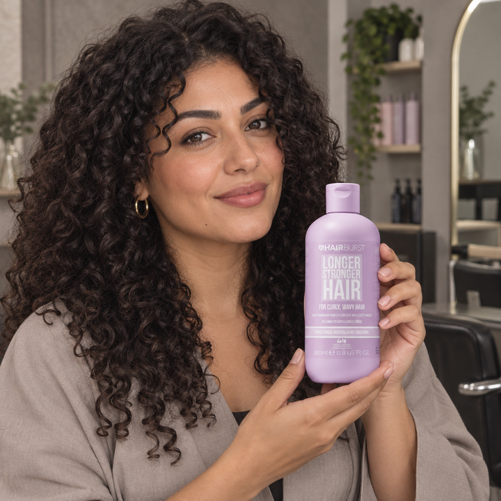 Curly-haired model holding Hairburst conditioner