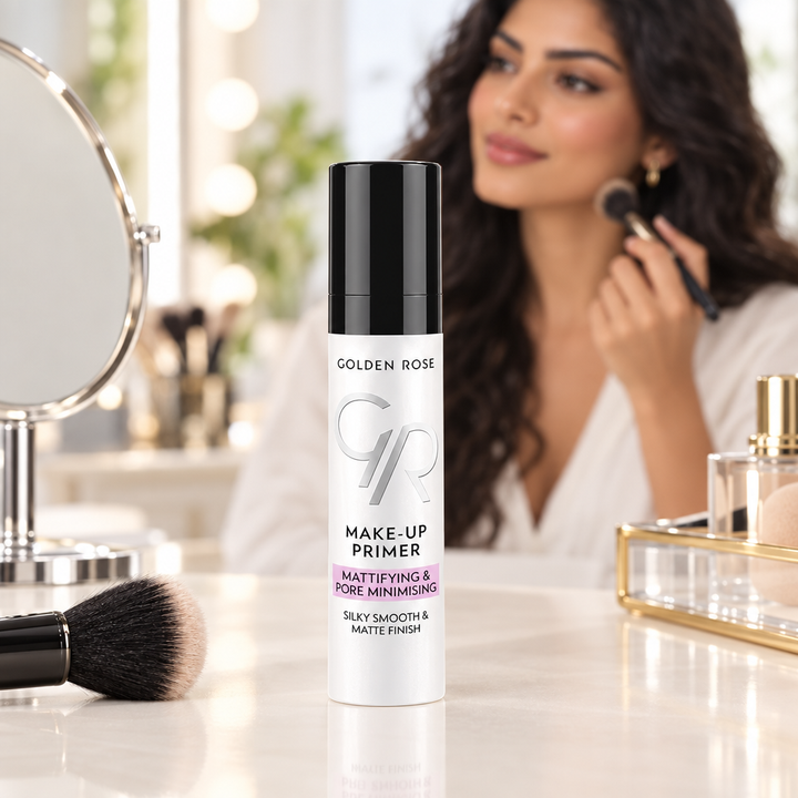 Golden Rose primer on a bright makeup vanity