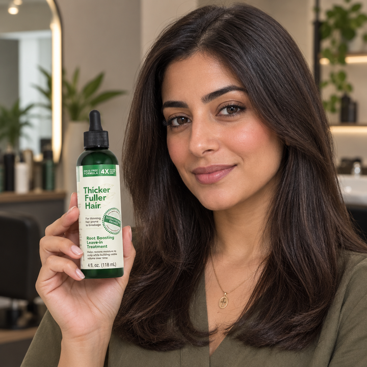 Model holding Thicker Fuller Hair Root Boosting Leave-in Treatment 118ml