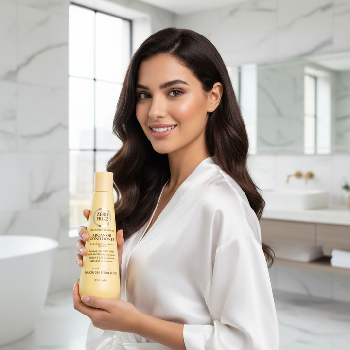 Zero Frizz Argan Oil Conditioner – Model holding bottle