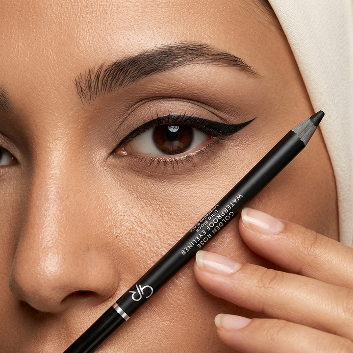 Close-up black wing eyeliner look with Golden Rose Ultra Black pencil