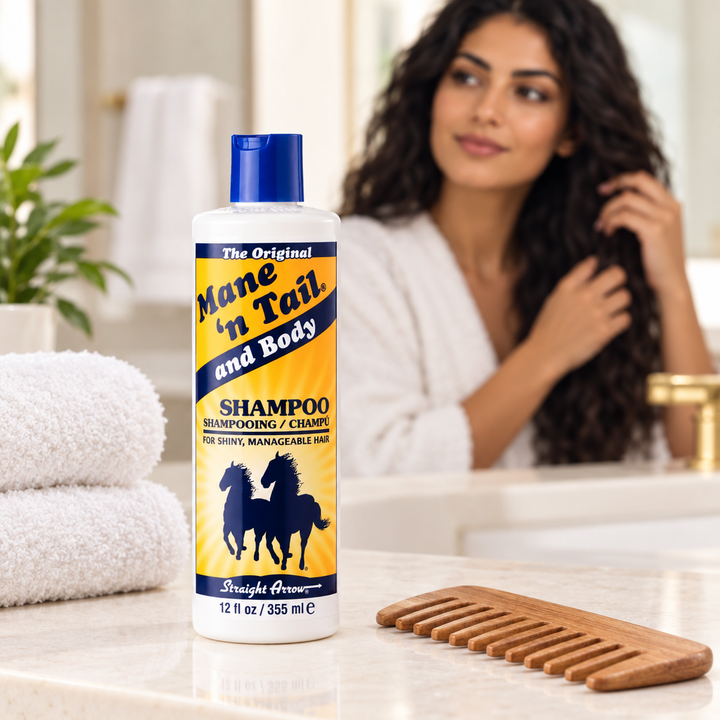 Mane n Tail shampoo beside towel and comb on vanity