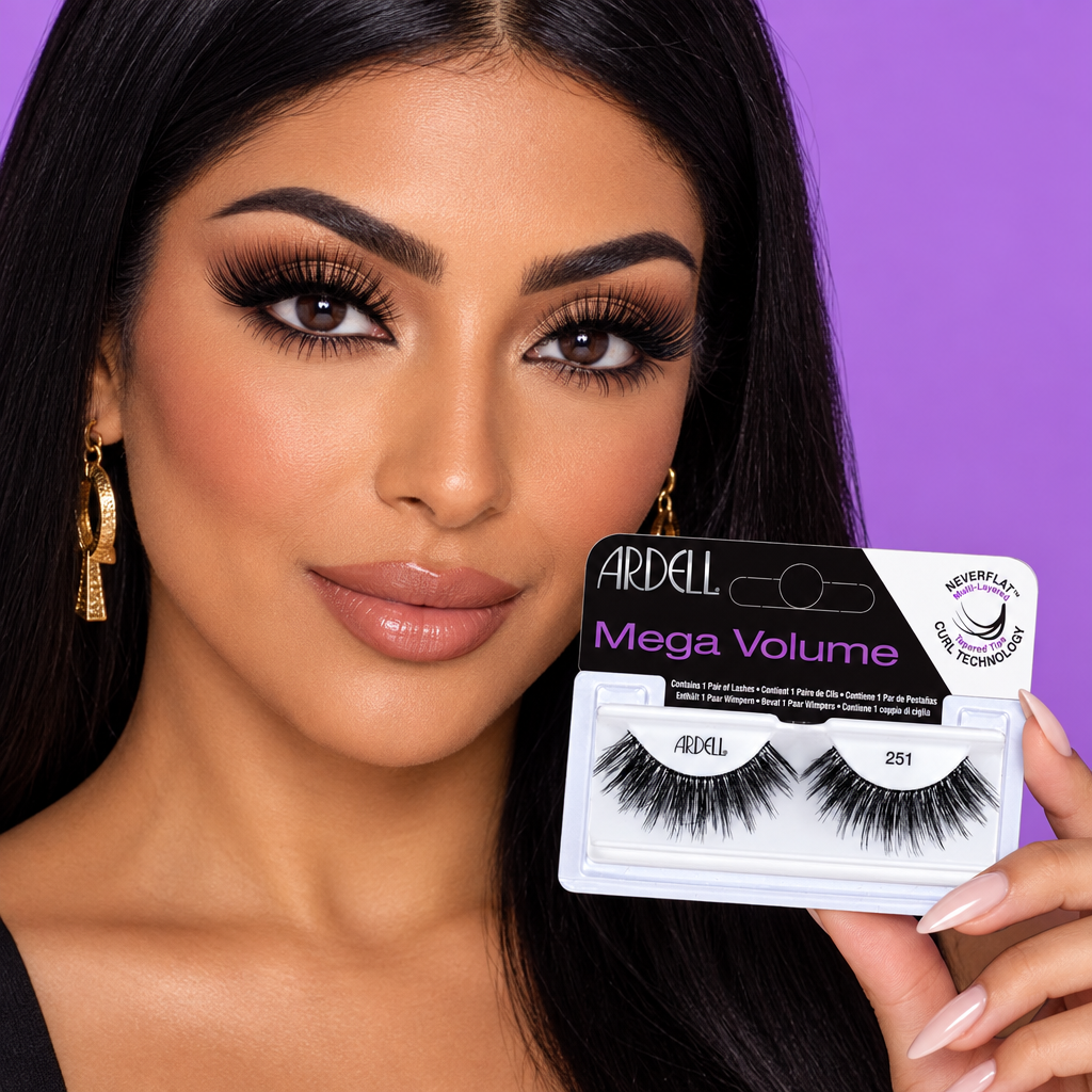Model holding Ardell Mega Volume 251 lash package