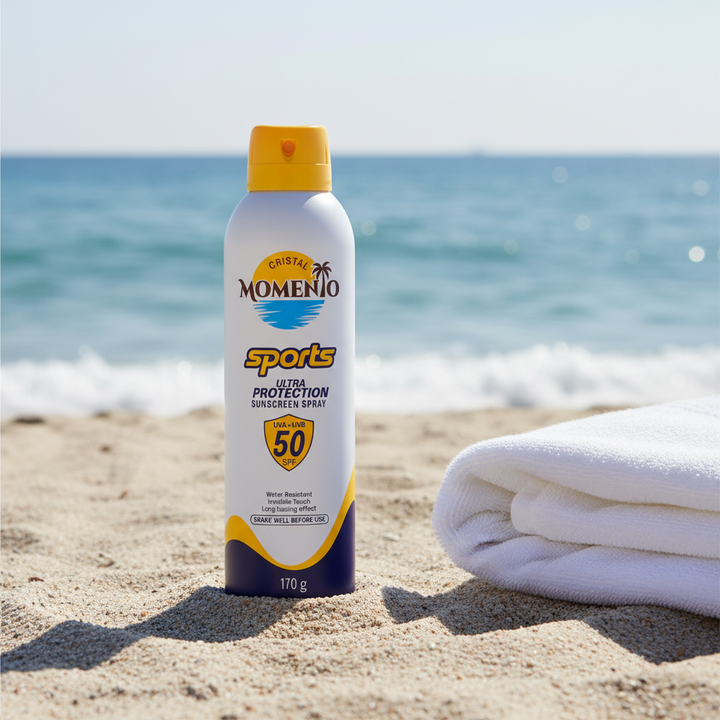 Momento Sports Sunscreen Spray SPF 50 on a sunny beach