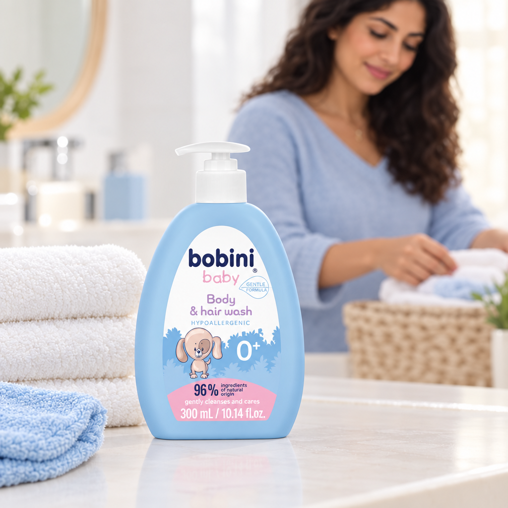 Bobini Baby wash beside soft towels on bathroom vanity