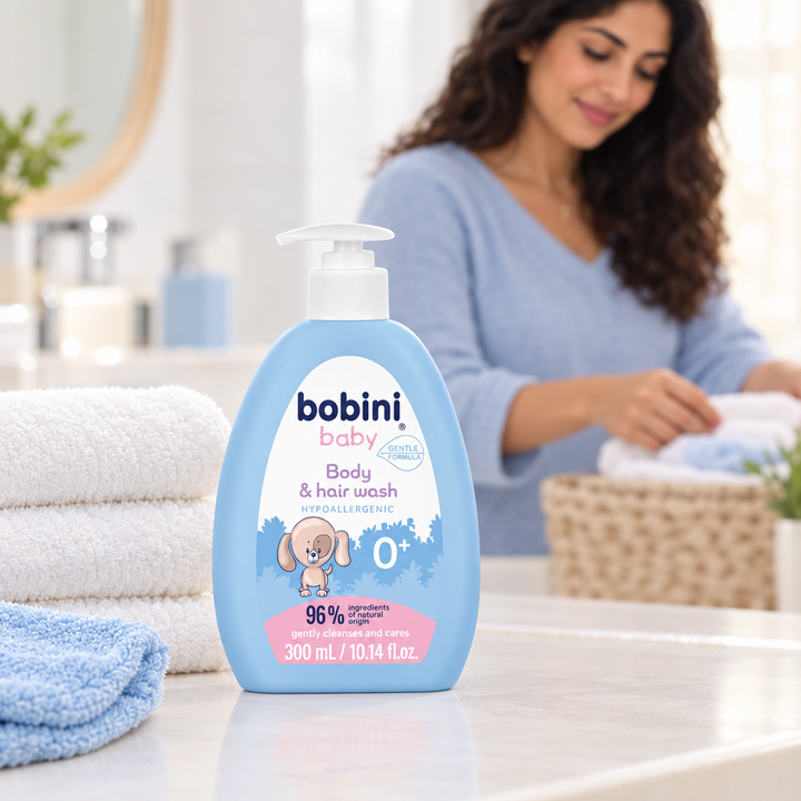 Bobini Baby wash beside soft towels on bathroom vanity