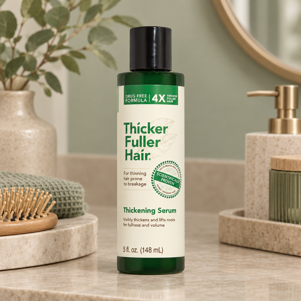 Thicker Fuller Hair Thickening Serum on muted indoor vanity
