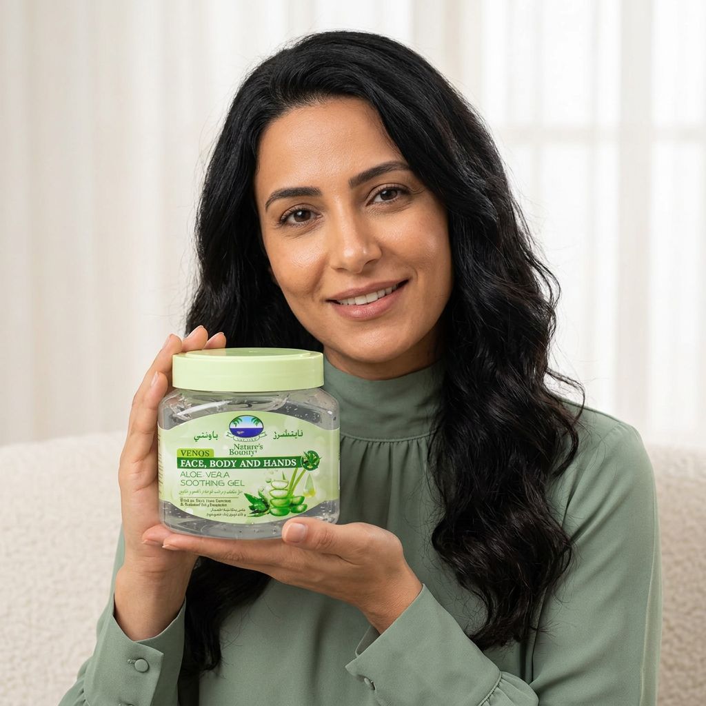 Close-up model holding Nature's Bounty Venos Aloe Vera Gel 560ml