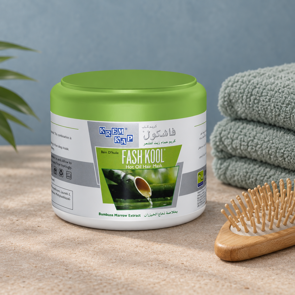 Fashkool Bambusa hair mask beside towel and brush