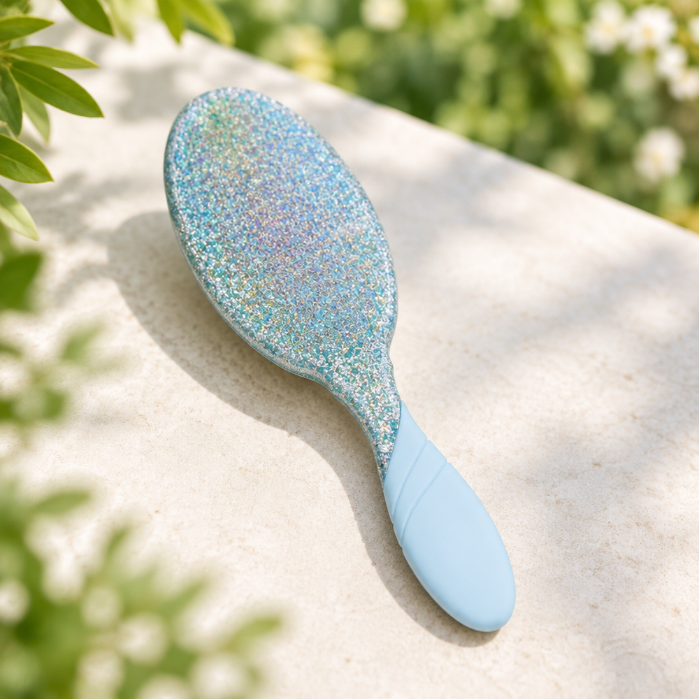 Outdoor product photo of glitter hairbrush