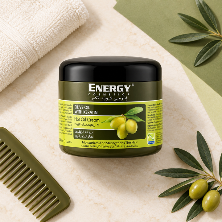 Energy olive oil keratin salon flat lay